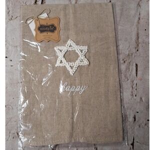 Mud Pie Hebrew Star of David Happy Linen Hand Towel Tan Hanukkah Jewish Decor